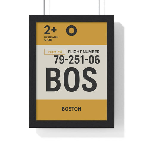 Black-framed boston boarding pass poster with bold black text on cream and mustard-yellow background minimalist print