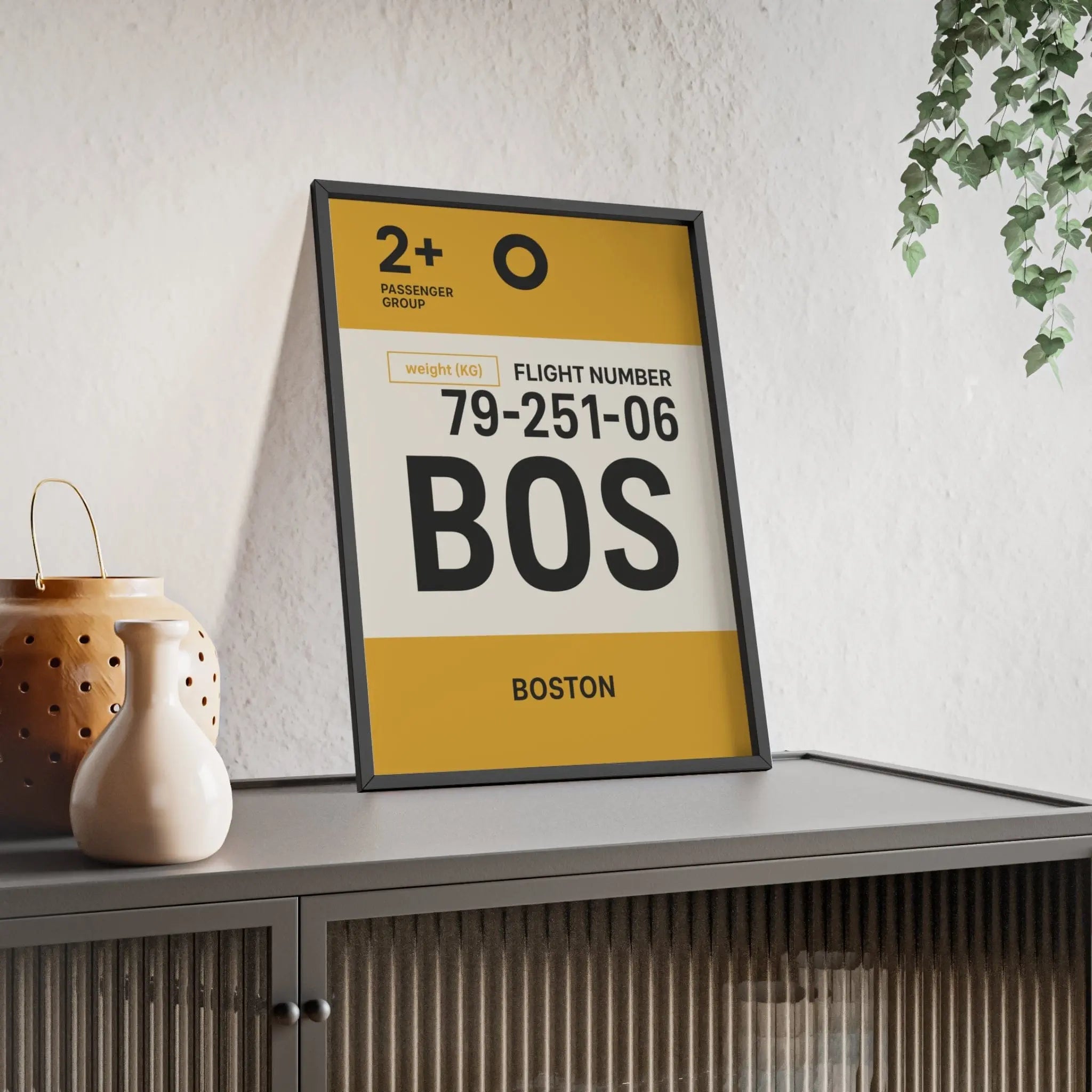 Yellow and white framed boston boarding pass poster with bold black flight details minimalist travel print