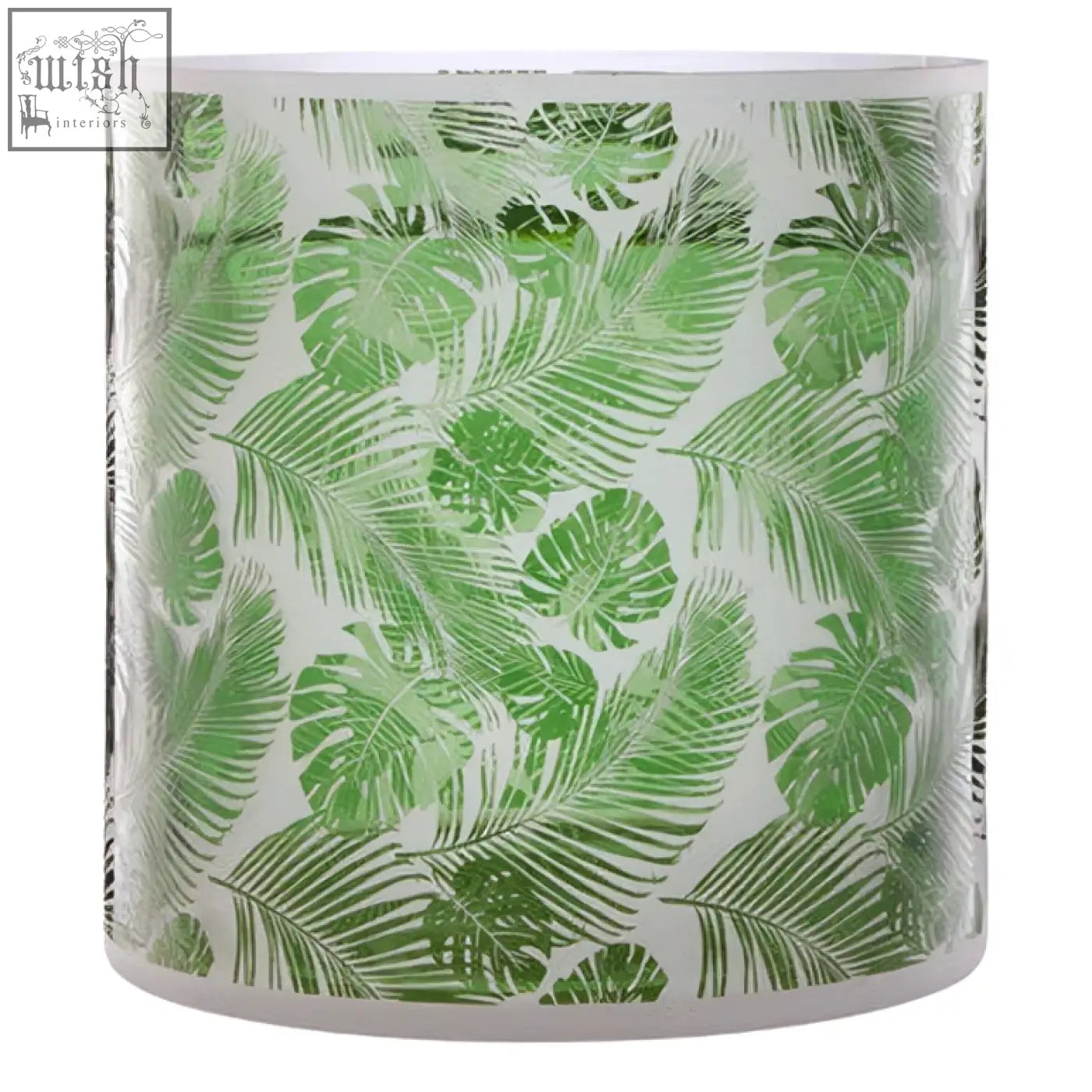 Botanical large hurricane candle holder with white base and rim featuring green tropical leaf pattern on glass large hurricane candle