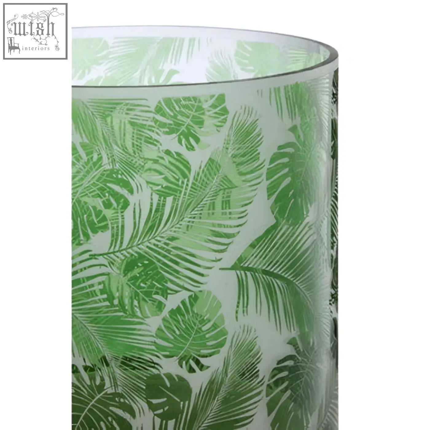 Botanical large hurricane candle holder in translucent green glass with vibrant tropical leaf pattern large hurricane candle