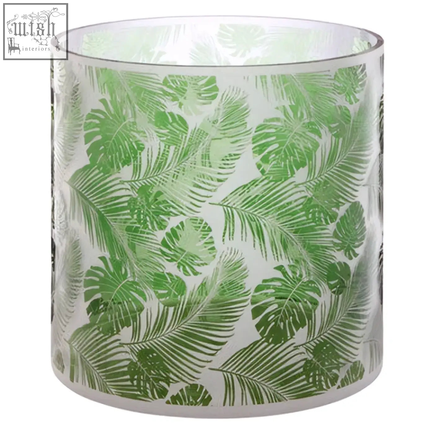 Clear glass large hurricane candle holder with vibrant green tropical leaf pattern perfect for indoor decor