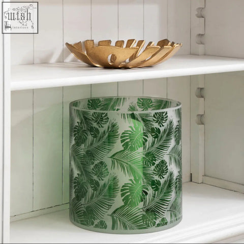 Botanical large hurricane candle holder with green tropical leaf patterned glass for stylish large hurricane candle use