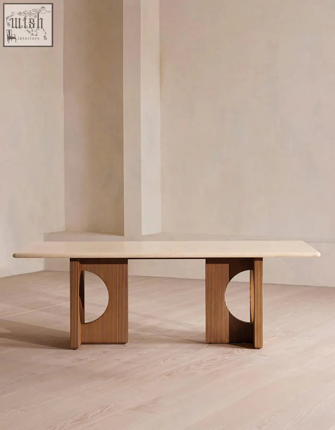 Boucheron dining table with a smooth white marble dining table top and travertine solid wood legs for your dining area