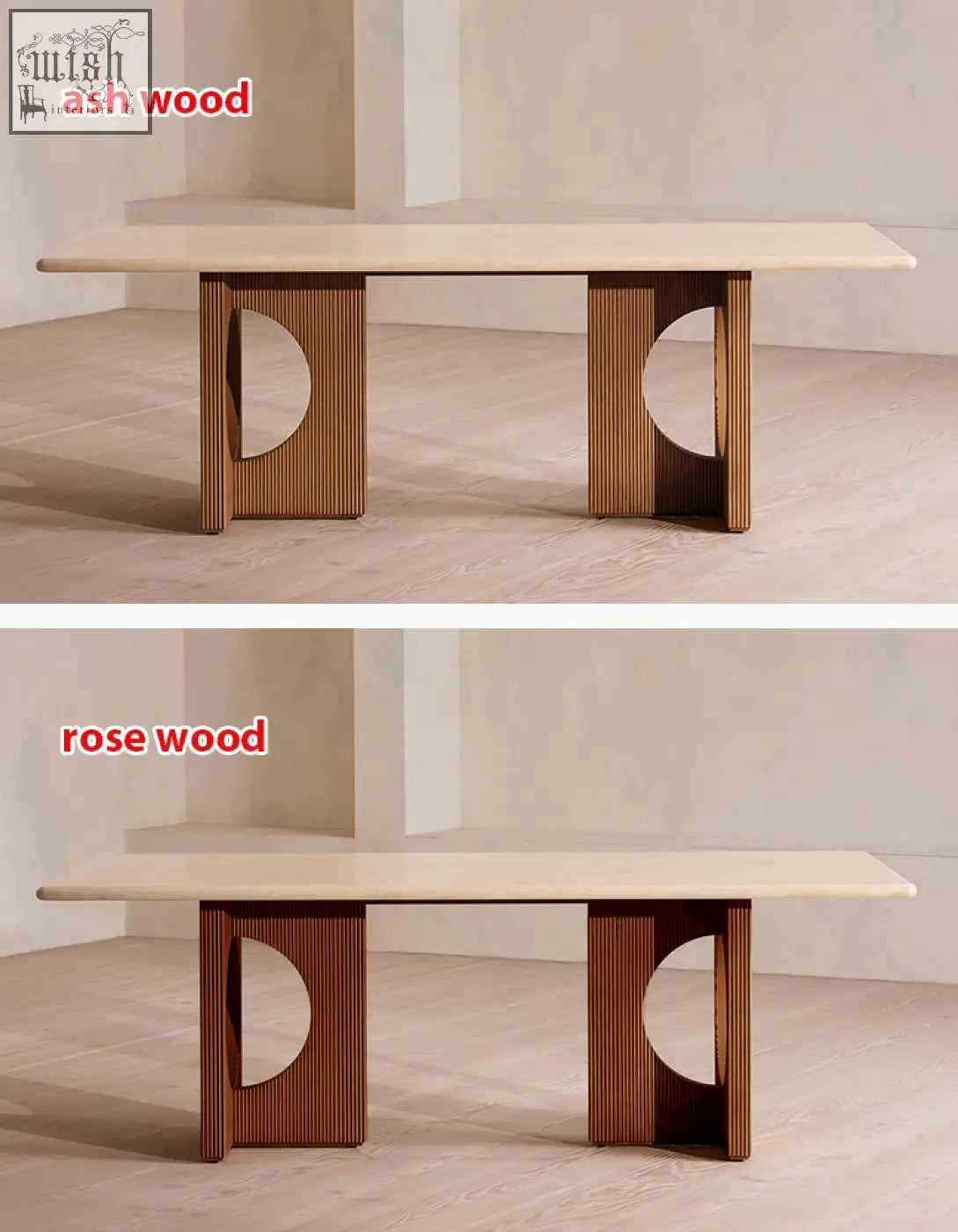 Boucheron dining table with travertine top and ash wood legs featuring grooves and cutouts perfect for dining area