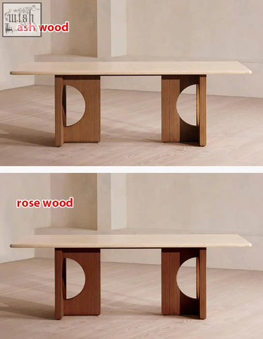 Boucheron dining table with travertine top and ash wood legs featuring grooves and cutouts perfect for dining area
