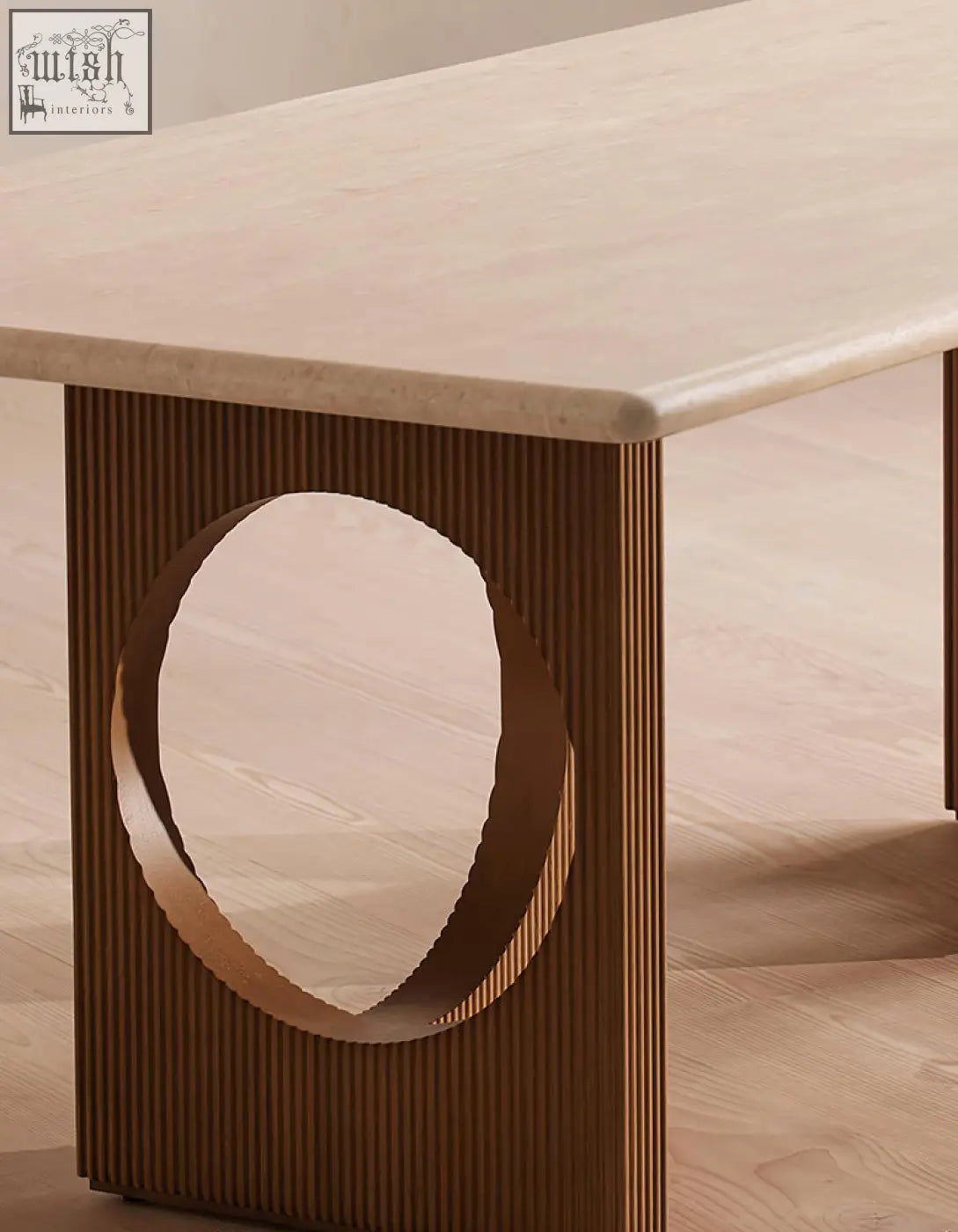 Boucheron dining table with a smooth beige travertine marble top and grooved solid wood base perfect for dining area