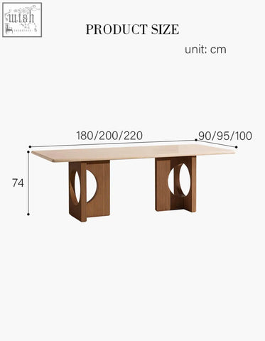 Boucheron dining table with light travertine stone top and wooden legs with circular cutouts for stylish dining area