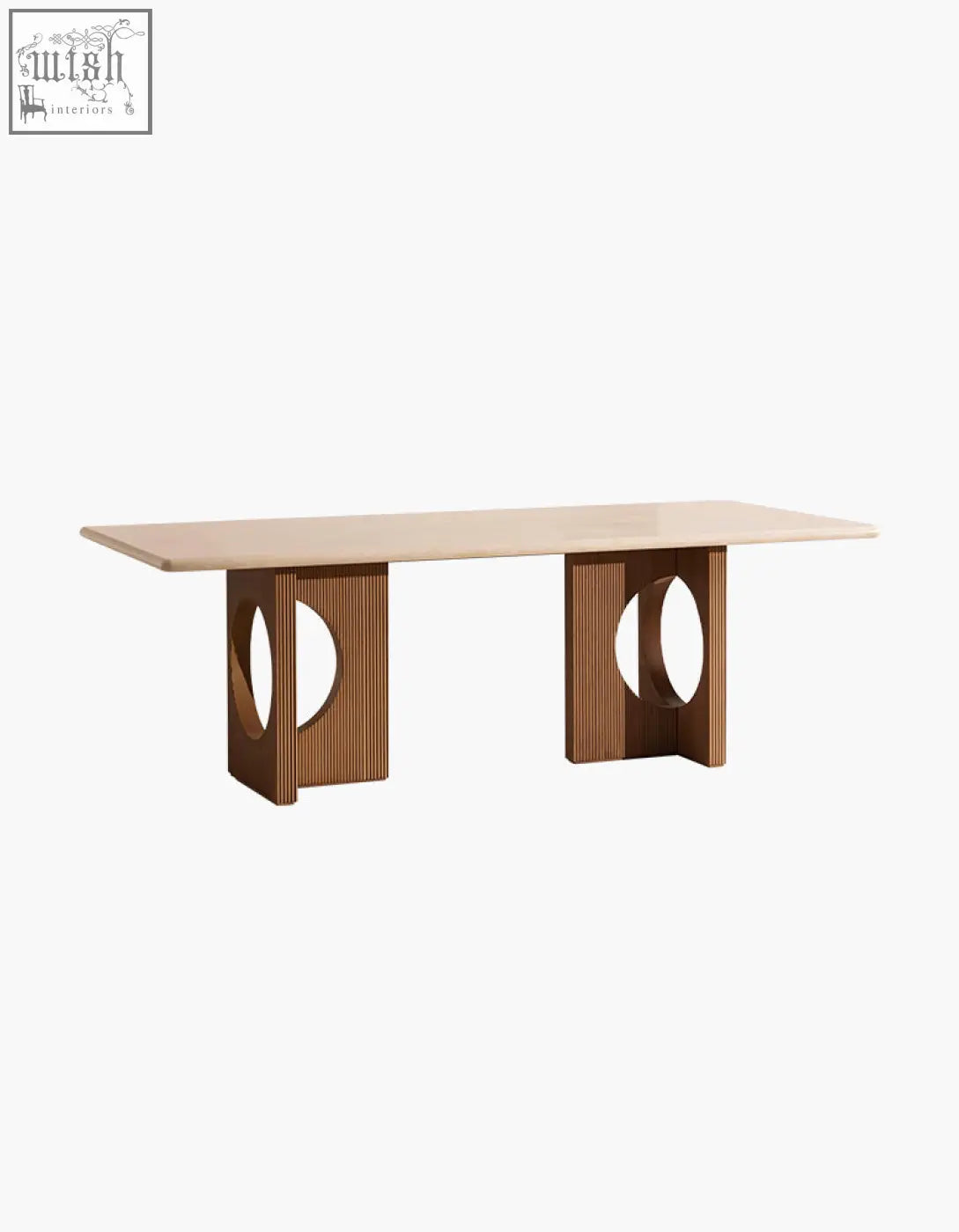 Boucheron dining table with a light beige marble dining table top and rich brown solid wood legs for the dining area