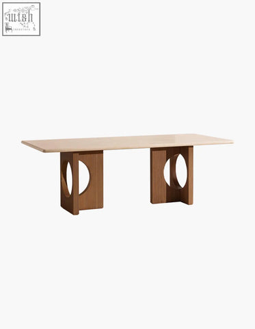 Boucheron dining table with a light beige marble dining table top and rich brown solid wood legs for the dining area