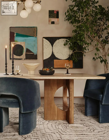 Boucheron dining table with a light travertine stone top and grooved wooden legs perfect for a modern dining area