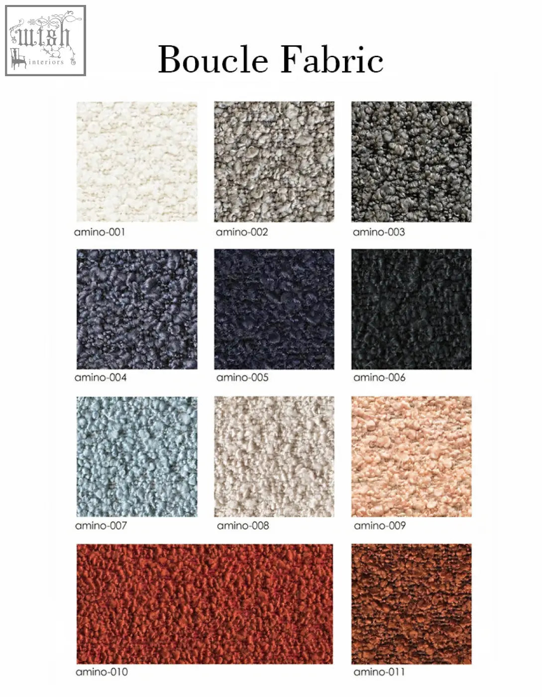 Boucle fabric swatches in white gray black navy blue beige peach and red for boucheron solid wood dining chairs