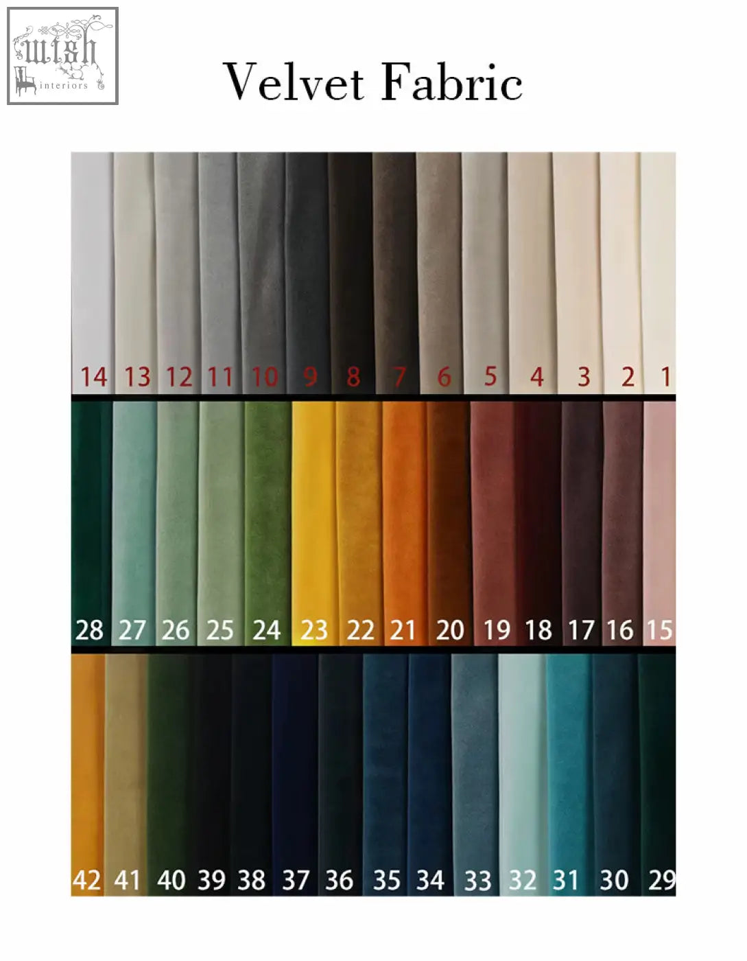 A collection of velvet fabric swatches in vibrant and neutral colors for boucheron solid wood dining chairs in your dining room