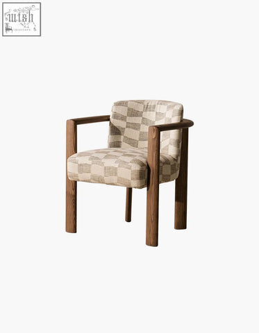 Cozy boucheron matching dining chair with beige gray checkered fabric and solid wood legs for dining room use