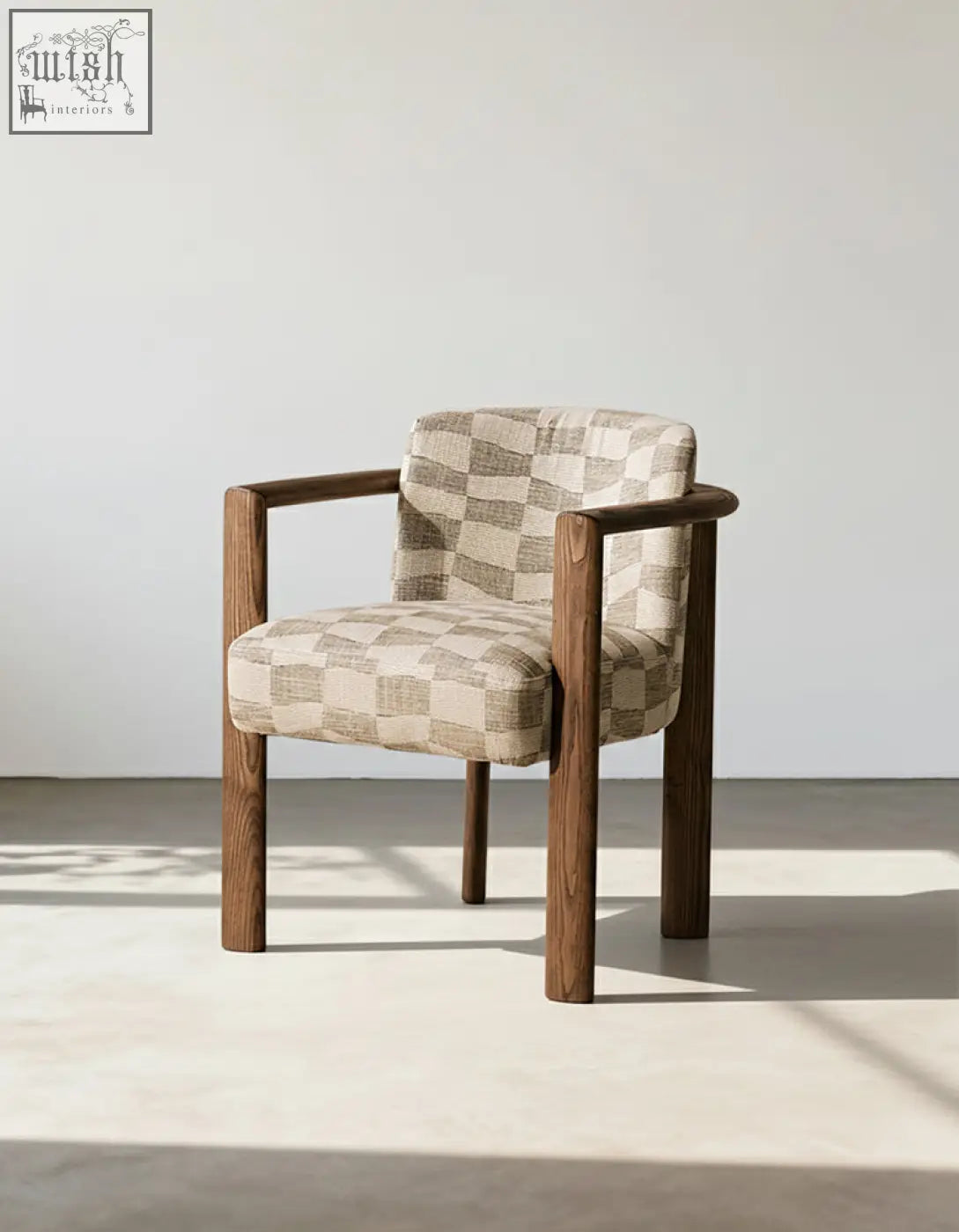 Boucheron matching dining chair with beige gray geometric checkered fabric and solid wood legs for dining room use