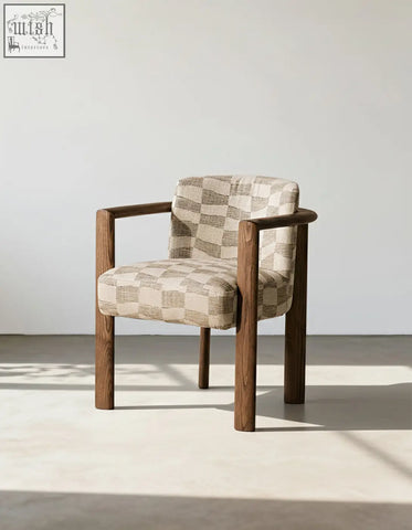 Boucheron matching dining chair with beige gray geometric checkered fabric and solid wood legs for dining room use