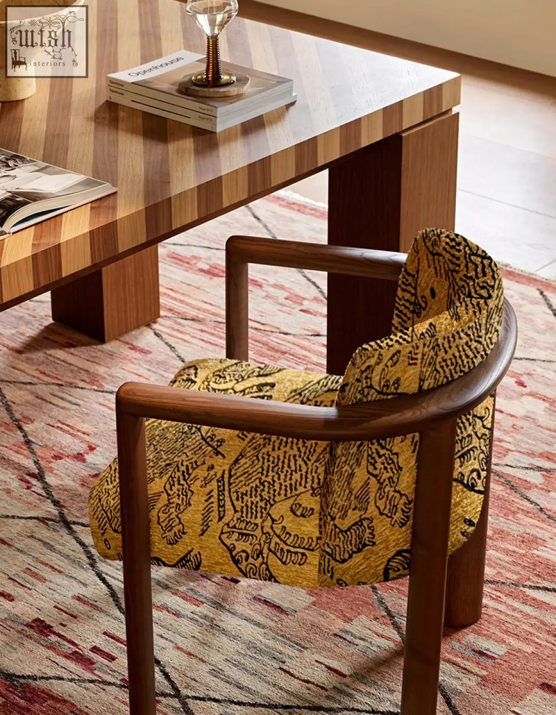 Boucheron matching dining chair with solid wood curved frame and yellow upholstery with black abstract patterns for dining room