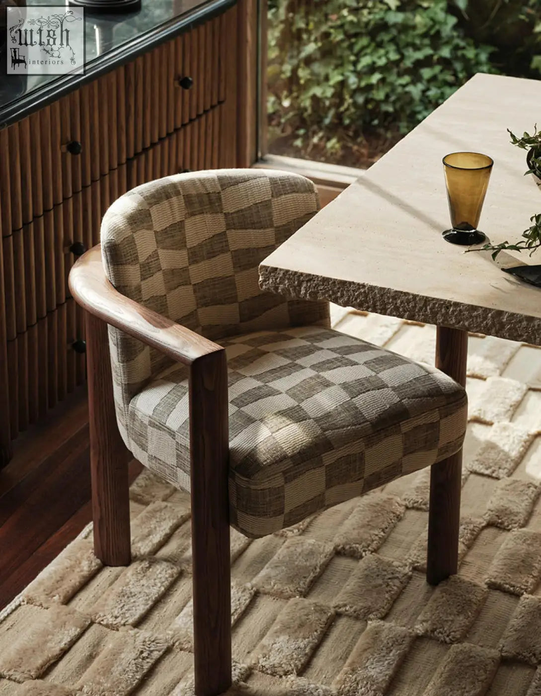 Cozy boucheron matching dining chair with beige gray checkered fabric and solid wood arms perfect for dining room