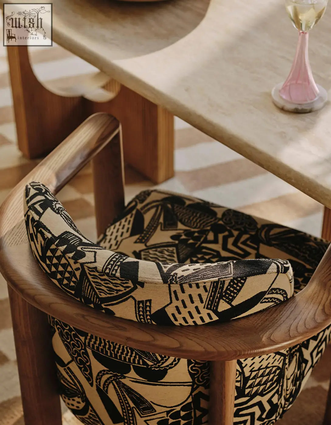 Boucheron matching dining chair with solid wood frame and black beige geometric fabric for dining room use