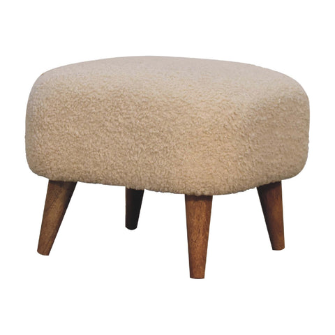 Boucle cream square footstool with handwoven upholstered cream sheepskin and solid mango wood tapered legs