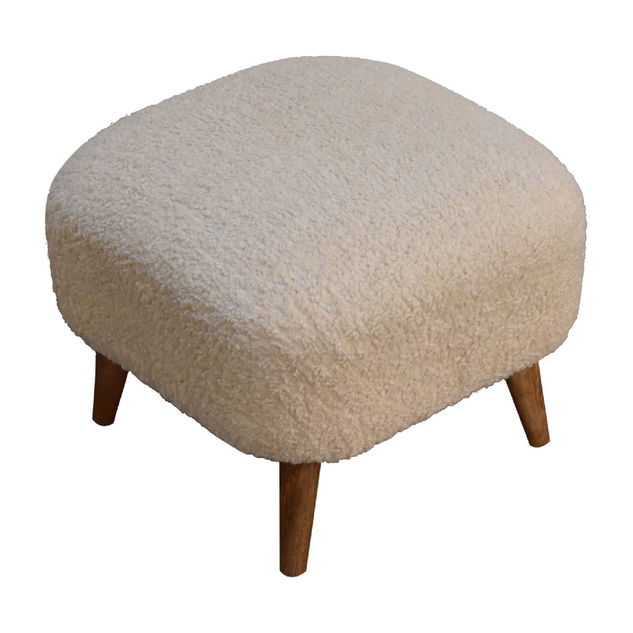Boucle cream square footstool with cream-colored plush sheepskin and solid mango wood tapered legs handwoven upholstered