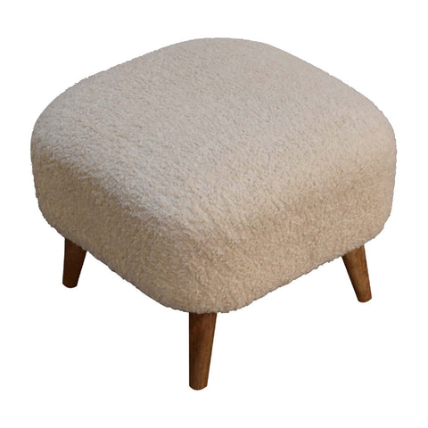 Boucle cream square footstool with cream-colored plush sheepskin and solid mango wood tapered legs handwoven upholstered