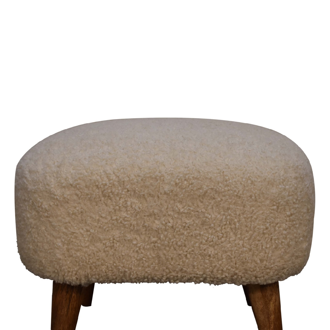 Boucle cream square footstool with cream plush sheepskin and tapered solid mango wood legs handwoven upholstered