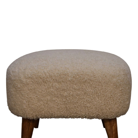 Boucle cream square footstool with cream plush sheepskin and tapered solid mango wood legs handwoven upholstered
