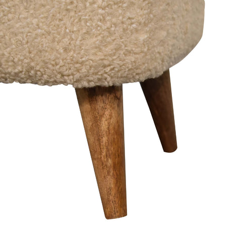 Boucle cream square footstool with plush sheepskin texture and solid mango wood tapered legs handwoven upholstered