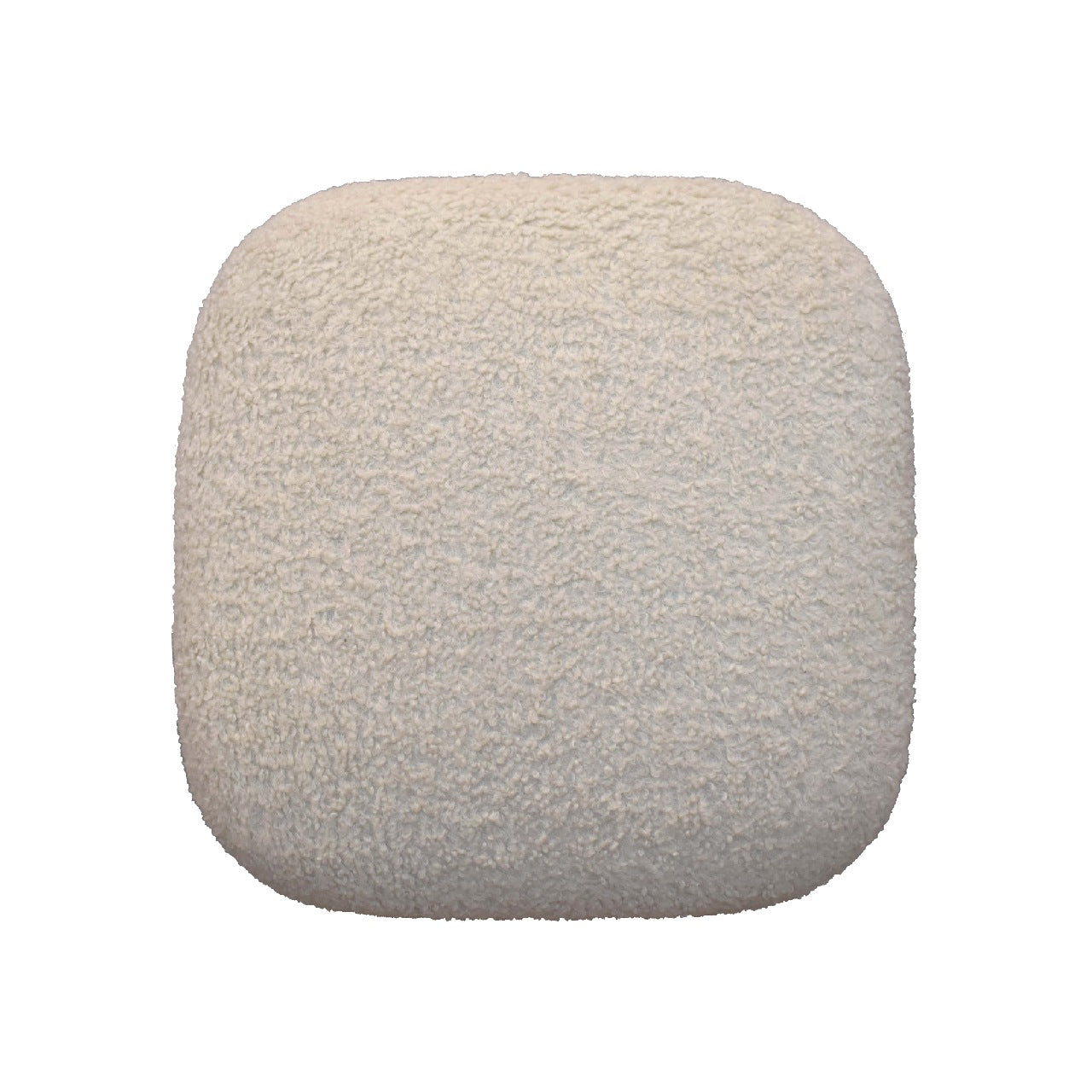 Cream-colored plush textured square footstool with rounded corners handwoven upholstered on solid mango wood