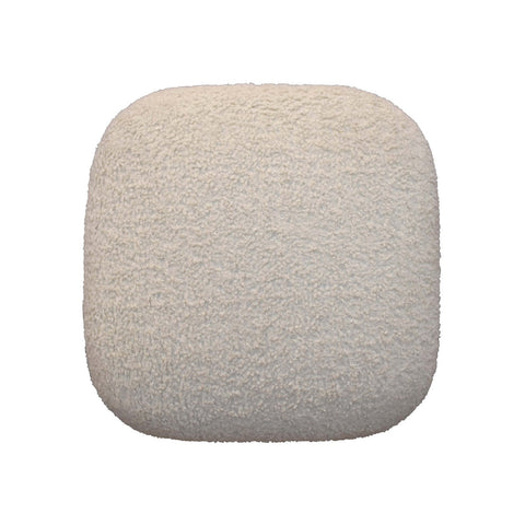 Cream-colored plush textured square footstool with rounded corners handwoven upholstered on solid mango wood