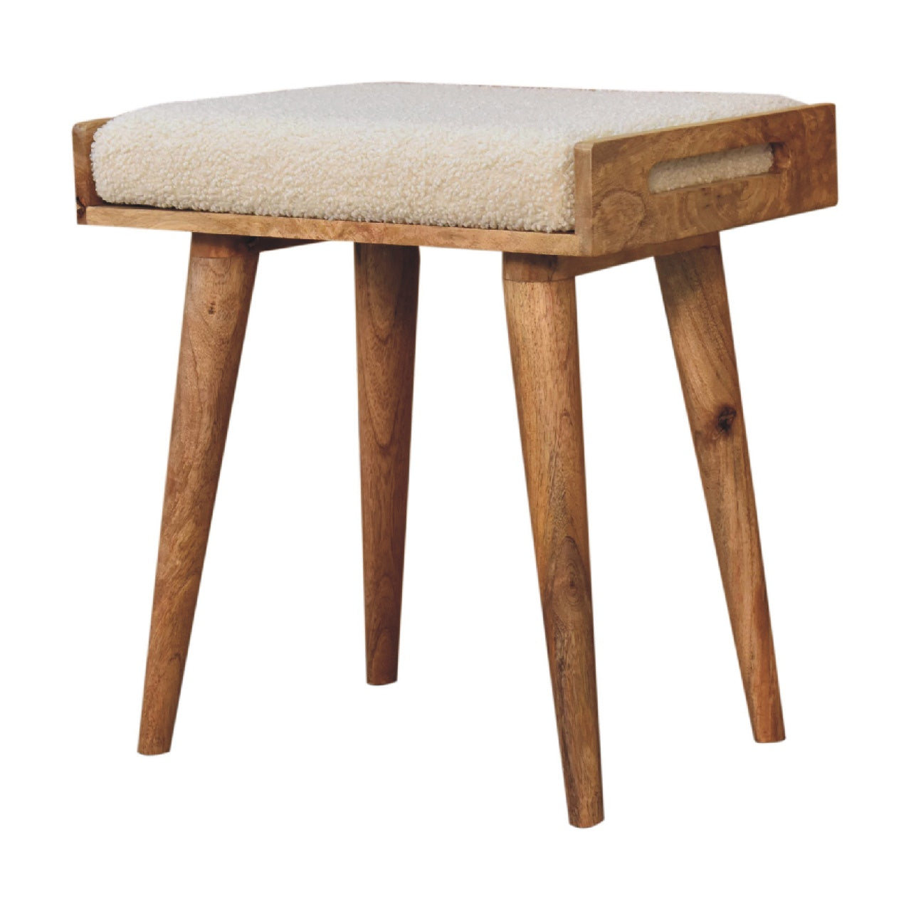 Boucle cream tray style footstool with cozy cream sheepskin cushion and natural wood tapered legs