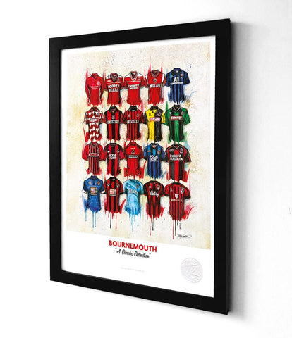 Black-framed art print showing a collection of colorful bournemouth football club jerseys in various designs framed print