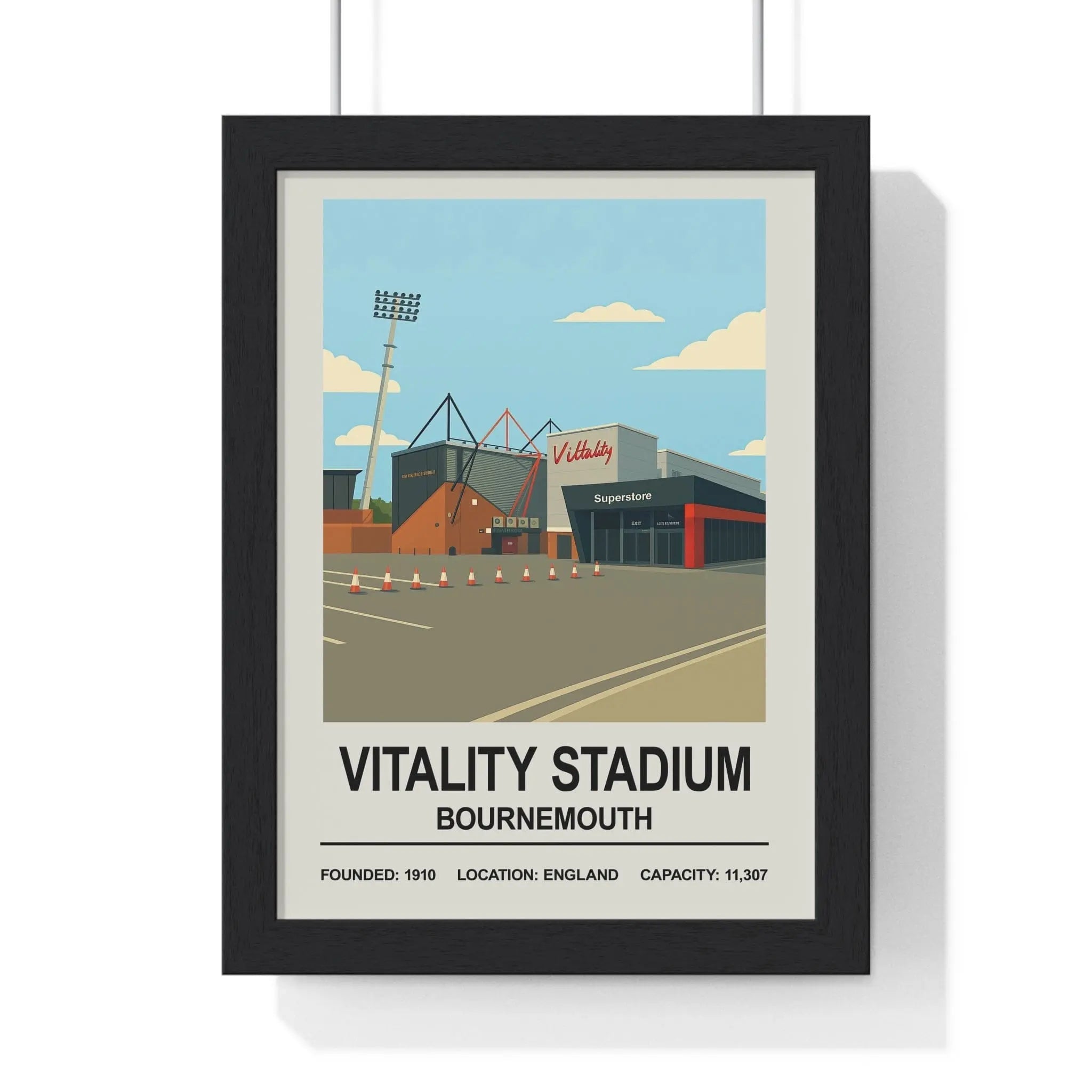 Black-framed vitality stadium poster print with stylized illustration founding year location and capacity details