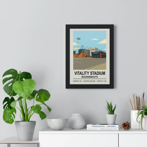 Black-framed poster featuring a vintage-style illustration of vitality stadium in bournemouth for wall decor