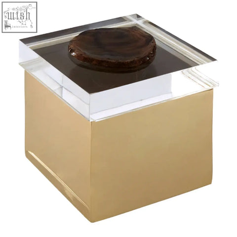 Gold-finished cube trinket box with a transparent acrylic lid holding a black agate from bowerbird black agate collection