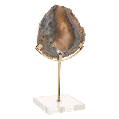 Bowerbird black and gold agate sculpture with polished brown and gray geode on a gold agate stand with acrylic base