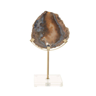Bowerbird black and gold agate sculpture featuring a brown and blue gold agate sculpture on a clear acrylic stand