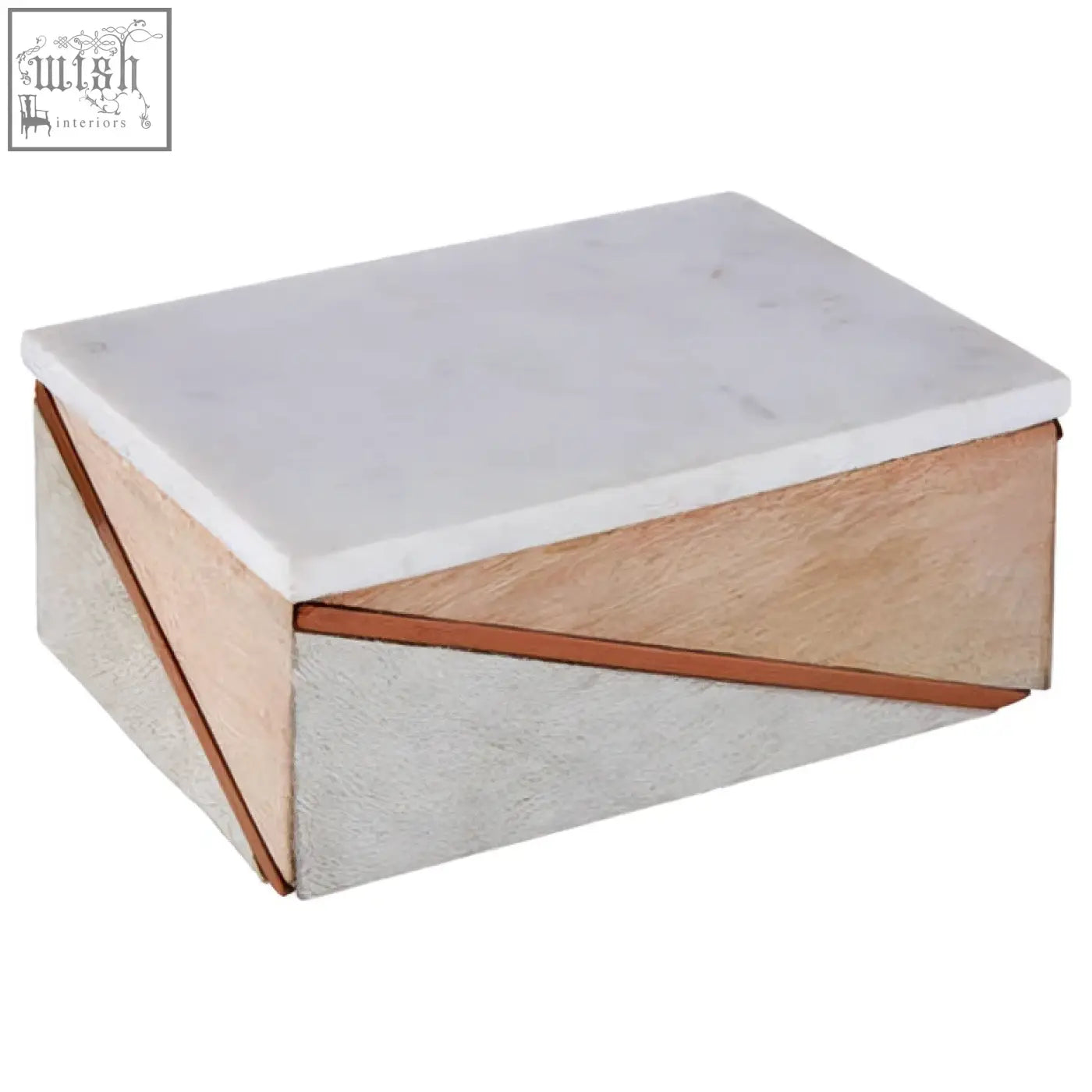 Large trinket box with white marble top and gray textured leather sides accented by tan leather strips from bowerbird cowhide