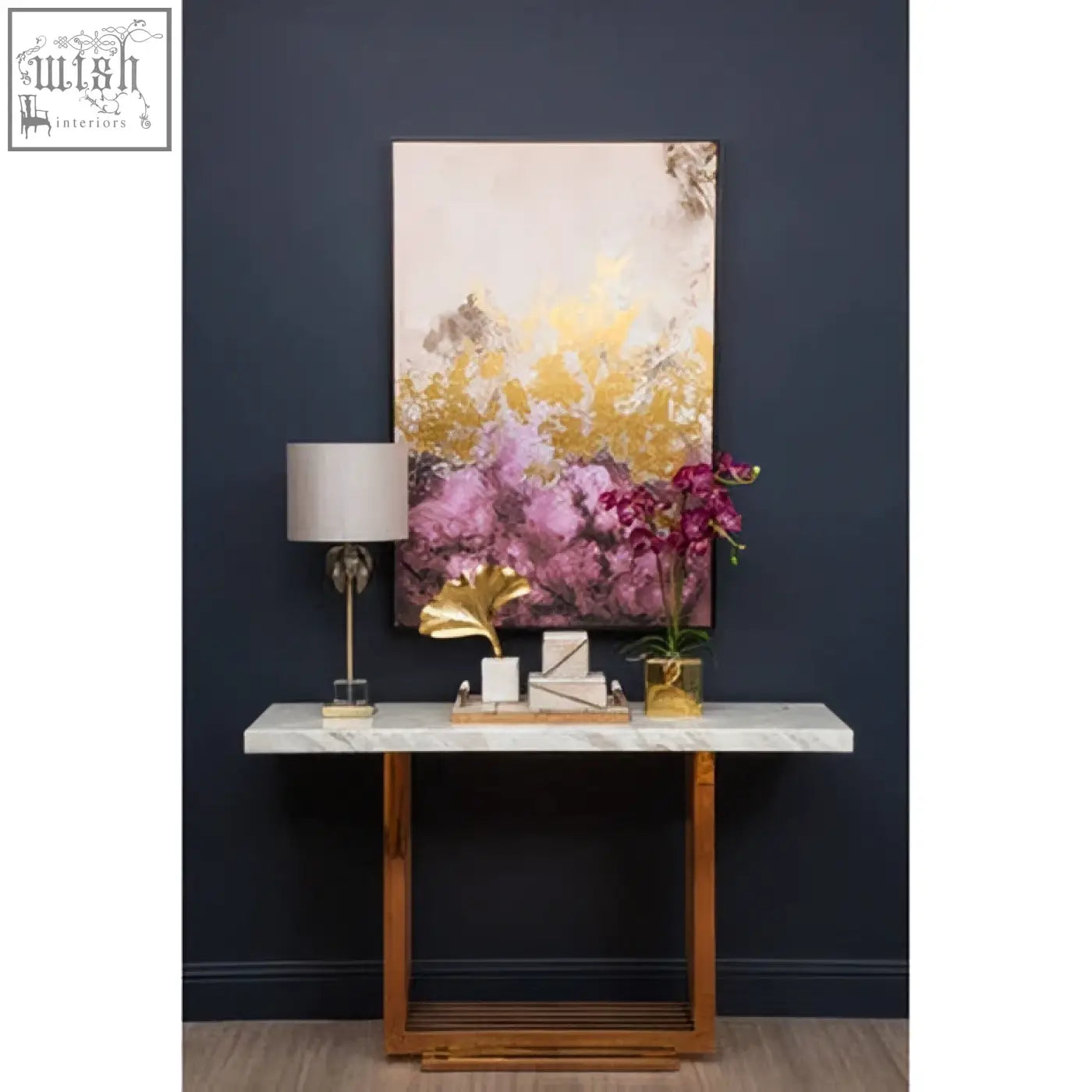 Bowerbird cowhide large trinket box with vibrant pink purple blossoms and golden hues in a gold frame