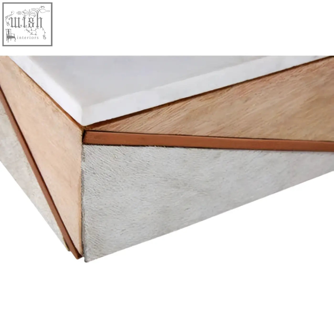 Modern coffee table with white marble top light wood sides and gray concrete base featuring large trinket box trim