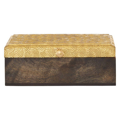 Bowerbird gold disc design small trinket box with a golden patterned lid and dark wood rectangular base with knob