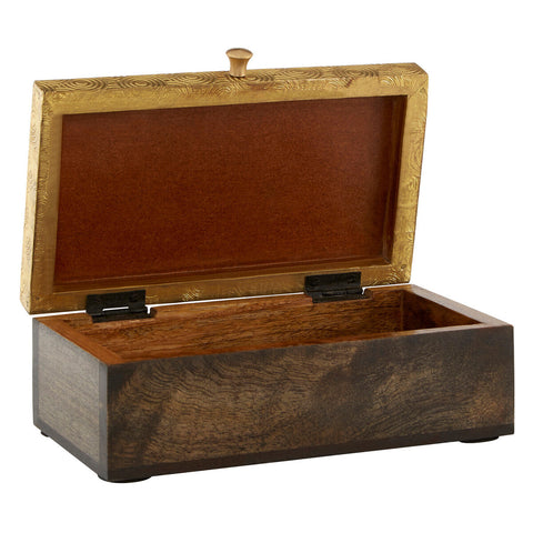 Bowerbird gold disc design small trinket box with dark brown wood and gold-toned embossed lid