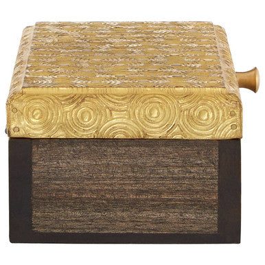 Bowerbird gold disc design small trinket box with golden patterned music box top dark wood base and brass handle