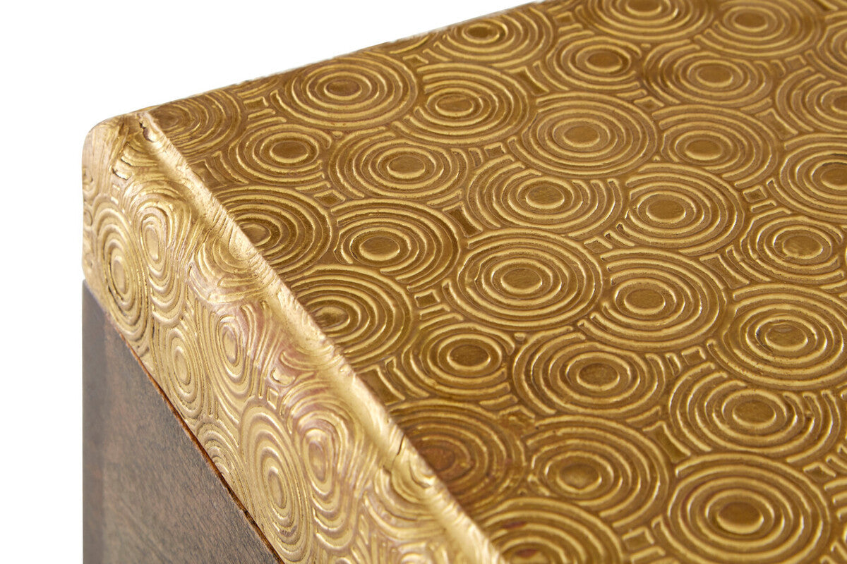 Gold disc design small trinket box in metallic gold with embossed concentric circle pattern by bowerbird
