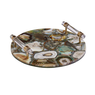 Circular bowerbird green and gold agate tray with clear acrylic handles and brass accents perfect as a gold agate tray