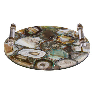 Circular bowerbird green and gold agate tray with polished multi toned stone surface and sleek metallic handles