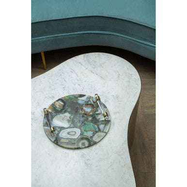 A round bowerbird green and gold agate tray with mosaic banded pattern and metallic handles for serving