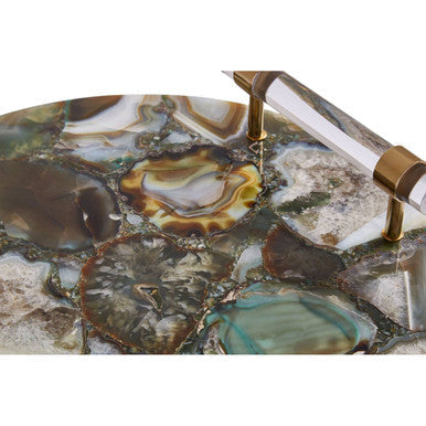 A bowerbird green and gold agate tray with polished gold agate surface and swirling banded pattern with brass handles