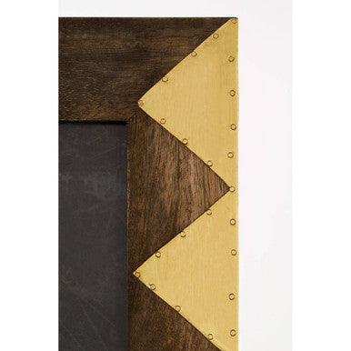 Bowerbird harlequin 5x7 photo frame with rustic dark wood border and gold metal zigzag panels with rivets