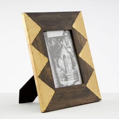 Bowerbird harlequin 5x7 photo frame with rustic wood geometric dark brown and gold panels and metal rivet accents